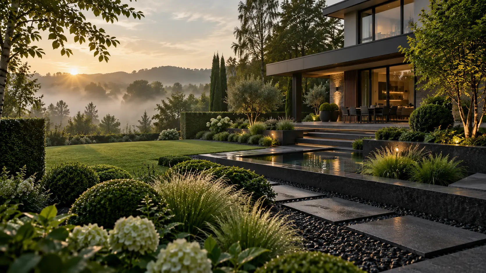 Gepflegter Garten mit Terrasse im warmen Abendlicht